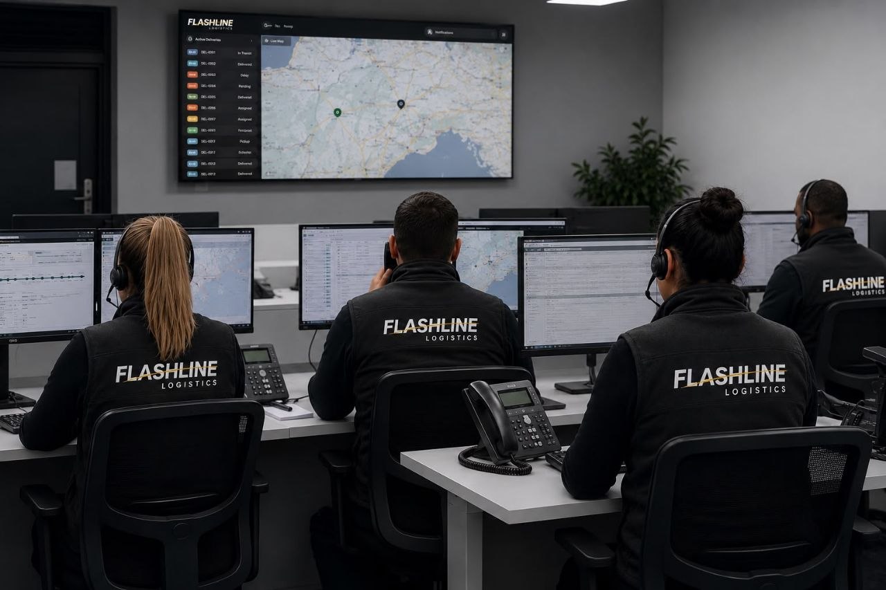 Flashline Logistics back-office team in branded gilets monitoring live delivery tracking screens in the operations control room