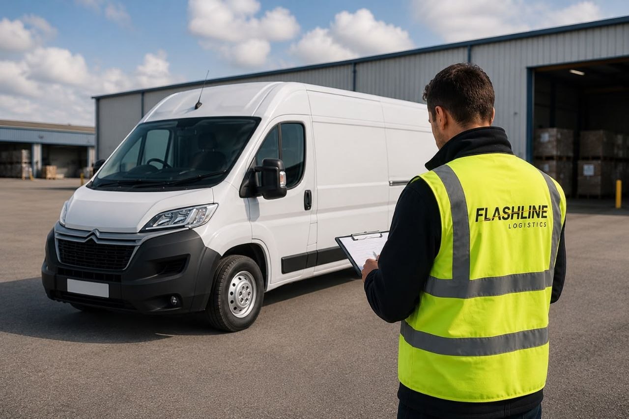 Flashline Logistics team member in a high-visibility vest completing a vehicle compliance check on a clipboard beside a delivery van
