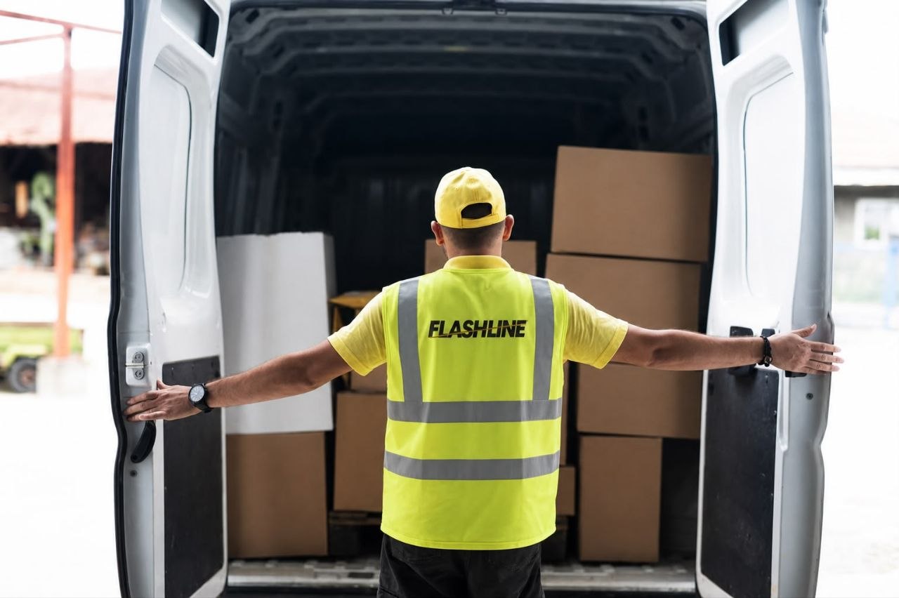 Flashline Logistics driver in a high-visibility vest opening the rear doors of a parcel-loaded delivery van