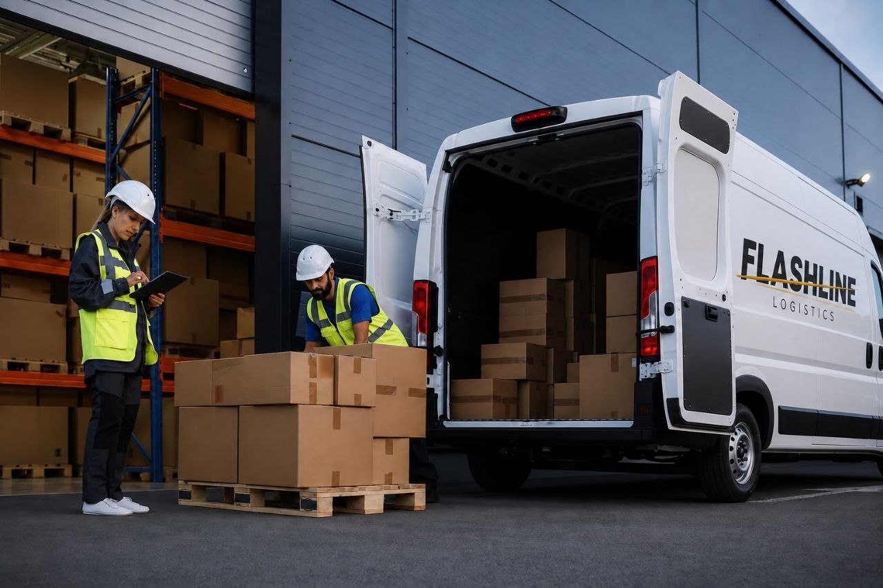 Flashline Logistics van being loaded with palletised cartons at a depot loading bay while a team member records the consignment on a tablet
