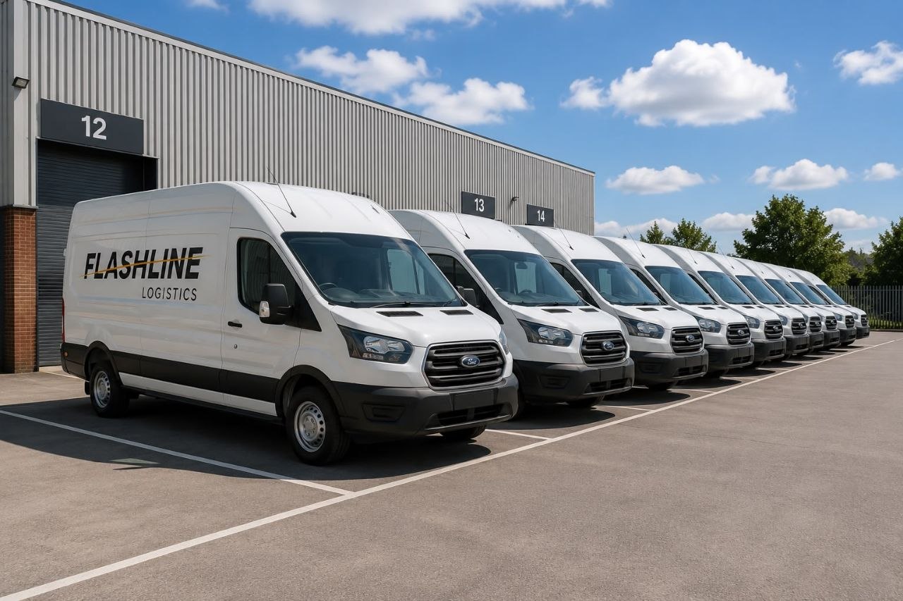 Row of branded Flashline Logistics vans parked outside a North West distribution depot