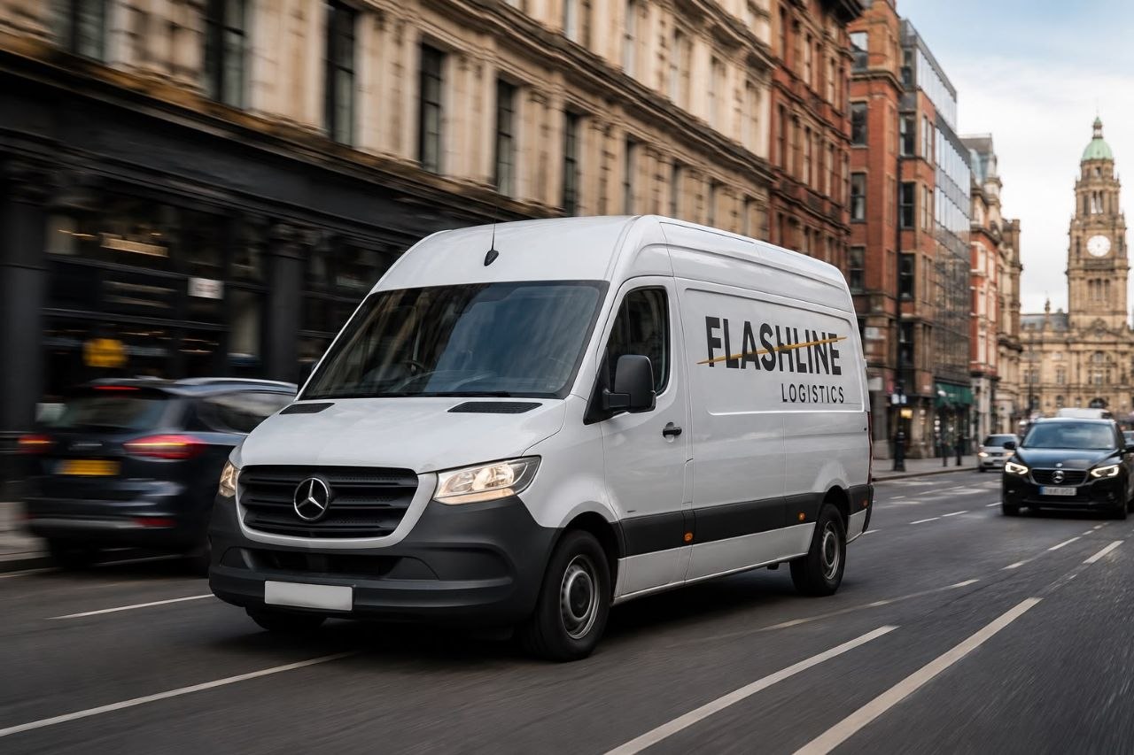 Branded Flashline Logistics van on a same-day run through a North West city centre