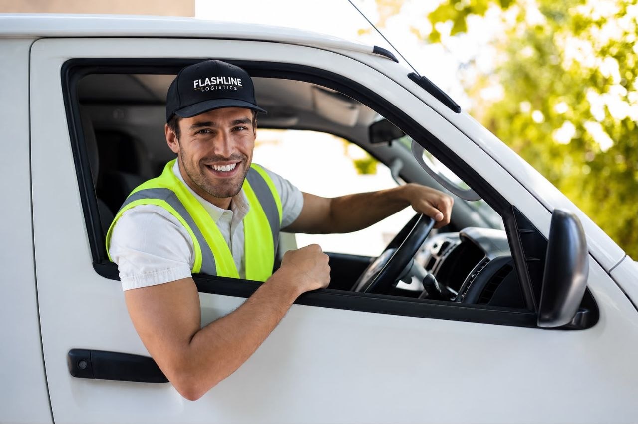 Smiling Flashline Logistics driver in a high-visibility vest and branded cap at the wheel of a delivery van