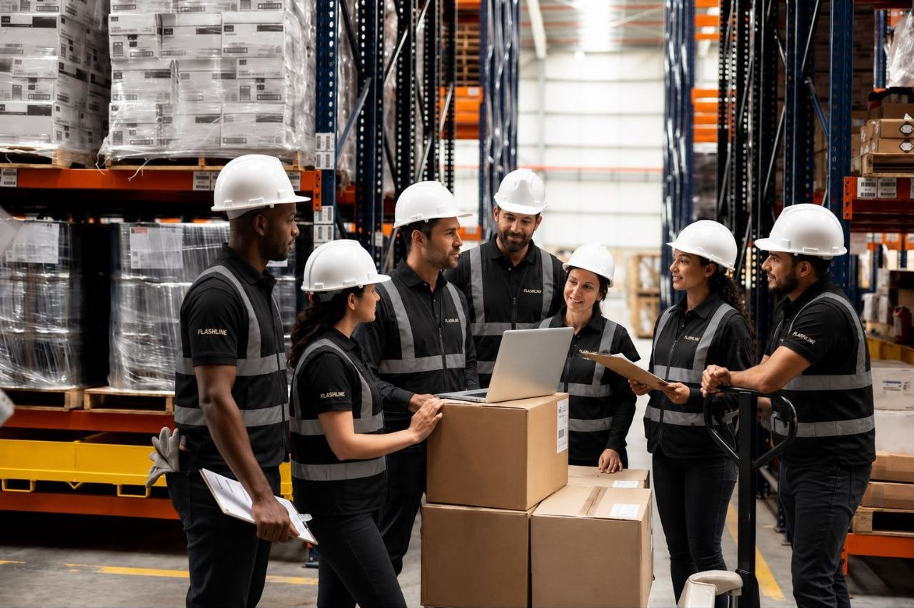 Flashline Logistics operations team in high-visibility vests briefing beside pallets and parcels at a North West depot